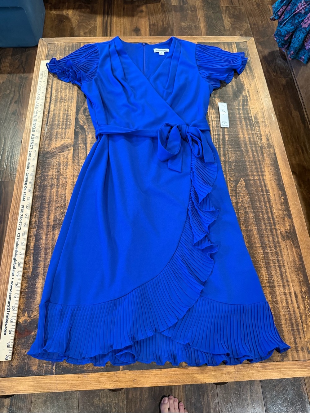 Shelby & Palmer Cobalt Blue Wrap Midi Dress with Pleated Ruffle Trim